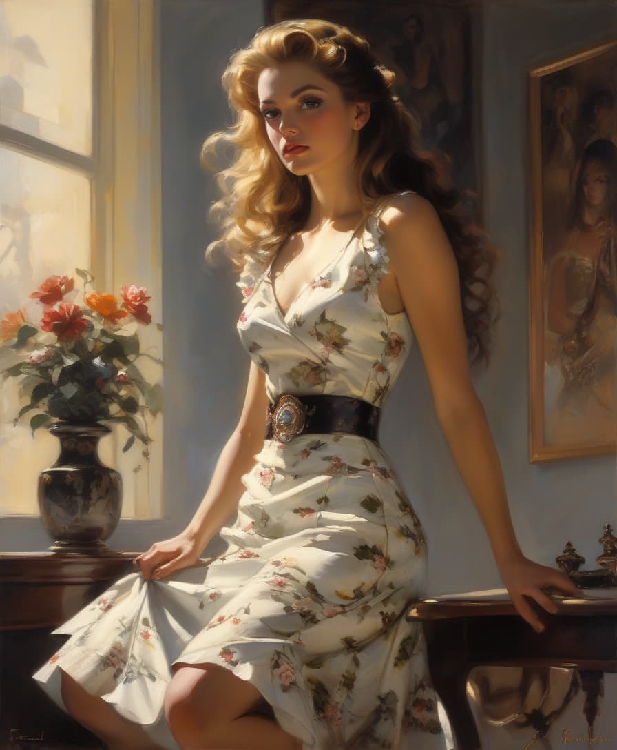  hyper realistic, young woman, vintage, dramatic light, oil on canvas, , white floral dress, art by frank frazetta, fabian perez, luis royo, daniel f.gerhartz, mary blair, michael garmash.