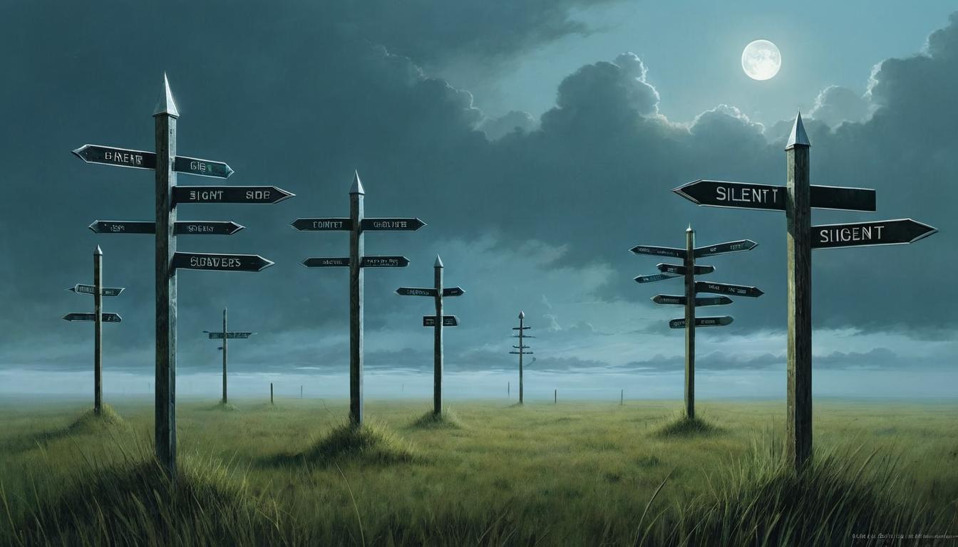  （surrealism)eight signposts, evenly spaced, standing in a silent, open field, each signpost having an eye symbol at the top, subtle shimmer of light surrounding the eyes, overcast sky, muted colors, sense of quiet observation, solemn, mysterious mystic, intricate details, best quality)