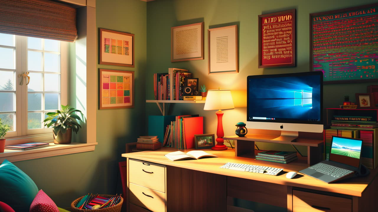  a cozy home study area with a at a desk, surrounded by colorful educational materials, a top open to a virtual clroom, sunlight streaming through a window, and a pet nearby. hyperrealistic, full body, detailed clothing, highly detailed, cinematic lighting, stunningly beautiful, intricate, sharp focus, f/1. 8, 85mm, (centered image composition), (professionally color graded), ((bright soft diffused light)), volumetric fog, trending on instagram, trending on tumblr, HDR 4K, 8K