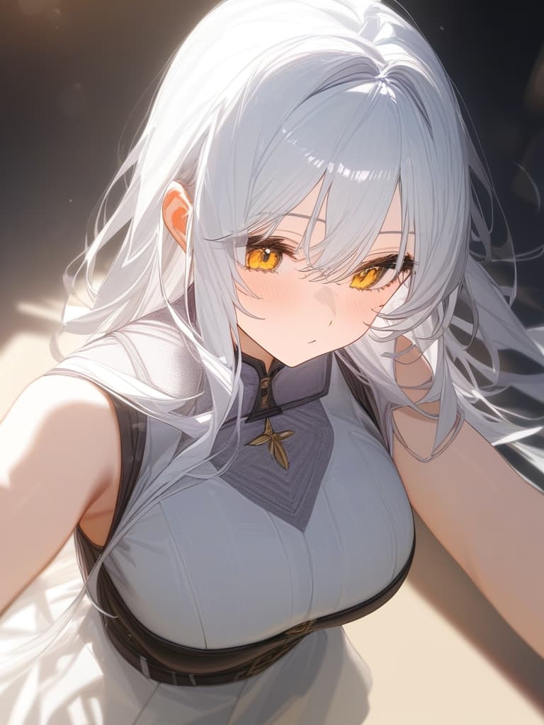  e cup, white hair, yellow eyes, masterpiece, best quality,8k,ultra detailed,high resolution,an extremely delicate and beautiful,hyper detail