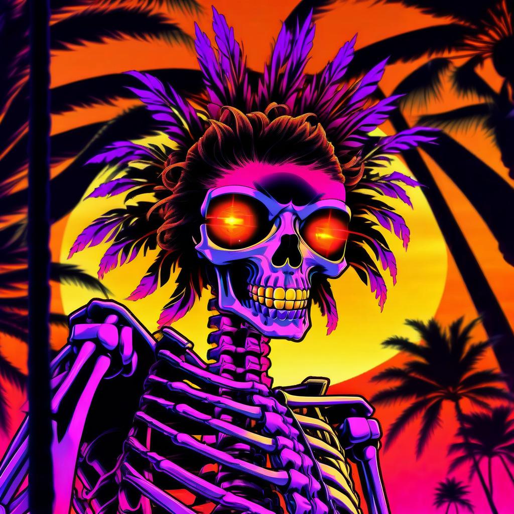  manga style retrowave style, skelet with hair, glowing orange eyes, retrowave sun behind and palm tree . vibrant, high energy, detailed, iconic, japanese comic style