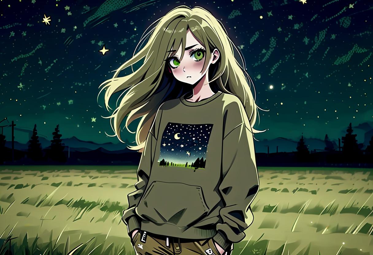  grunge style a girl in anime style with long hair runs around the field at night dressed in a khaki colored sweatshirt and pants. the girl looks at the starry sky at night with black lower eyelids under the eyes of a specific color full of fear of the unknown and curiosity. there are stars in the night sky. . textured, distressed, vintage, edgy, punk rock vibe, dirty, noisy