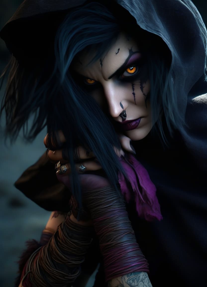  hyperrealistic art hyperrealism, masterpiece, full length character concept art, morrigan is a witch from the wild lands, from the game dragon age origin, attractive appearance, but at the same time bold and distrustful, dressed in an attractive outfit, dark fantasy staff, (increased contrast: 0.8), high detail, bright saturated details, clear shadows and highlights, the play of light and shadow, . extremely high resolution details, photographic, realism pushed to extreme, fine texture, incredibly lifelike