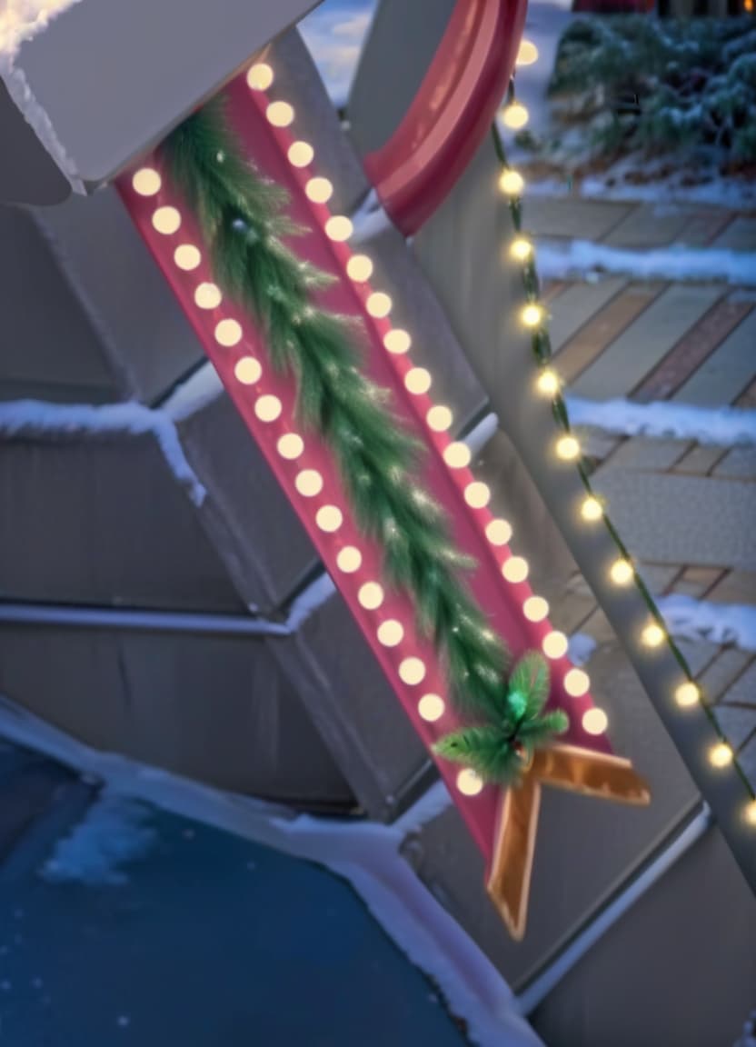  breathtaking a sign that reads christmas wreath is next to a railing an arch made up of candy canes and ornaments, christmas garland with decoration, pine needle and snow on it . award winning, professional, highly detailed, civitai