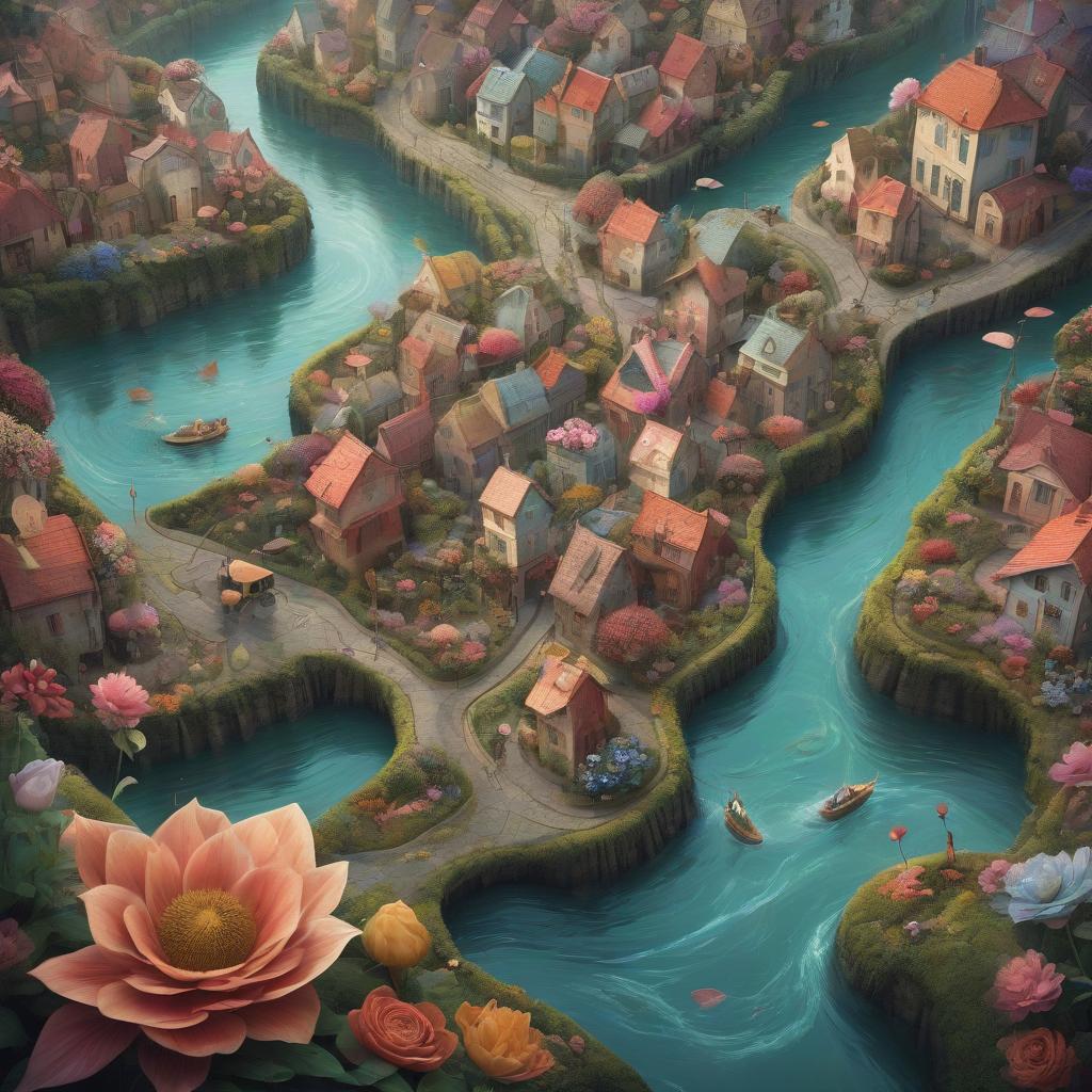  a surreal landscape where streets seamlessly flow into rivers, houses transform into gigantic flowers, and familiar faces become mysterious creatures; a journey through the labyrinths of the subconscious in the world of dreams.