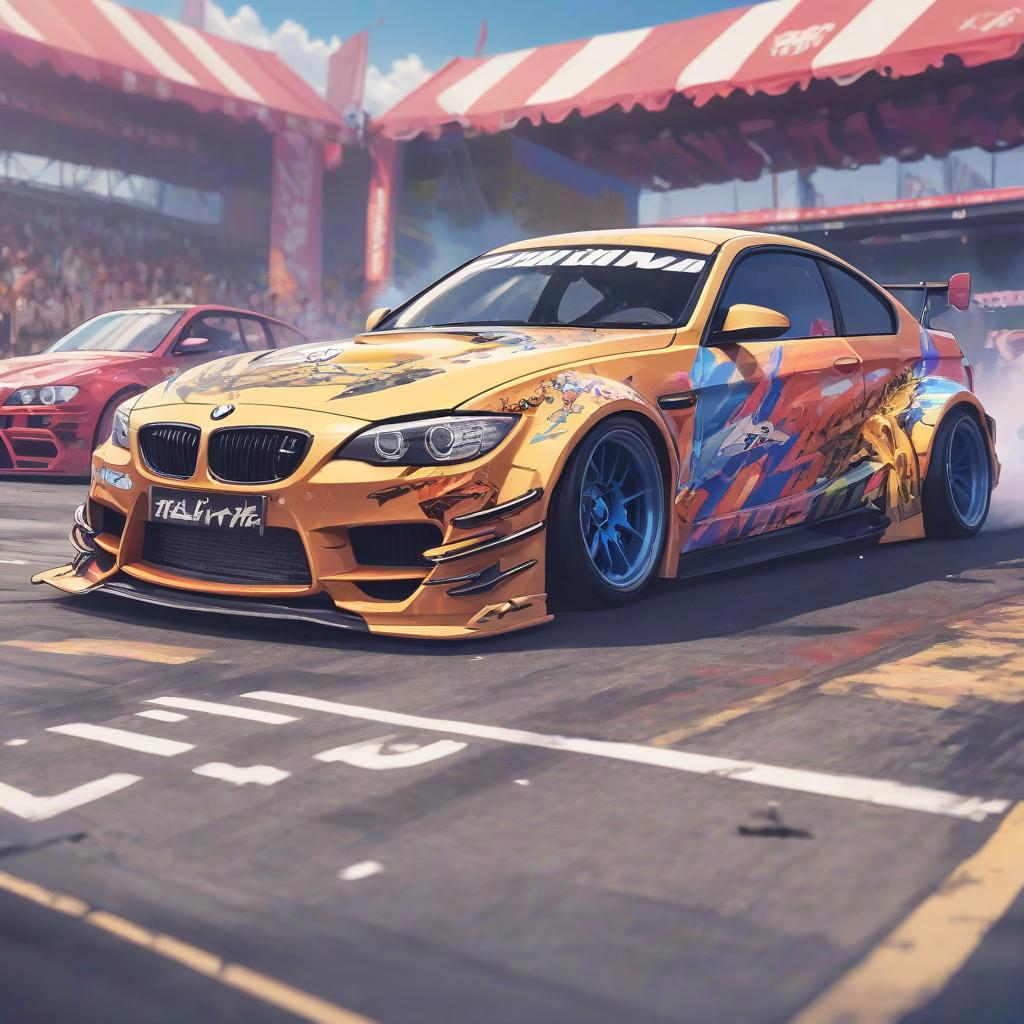  anime artwork car drift festival in anime style, the main car bmw . anime style, key visual, vibrant, studio anime, highly detailed