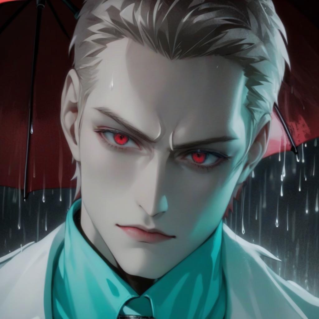  anime artwork male. vampire. pale skin. sharp features. dangerous look. beautiful eyes. in a white jacket. under a red umbrella. rain. . anime style, key visual, vibrant, studio anime, highly detailed