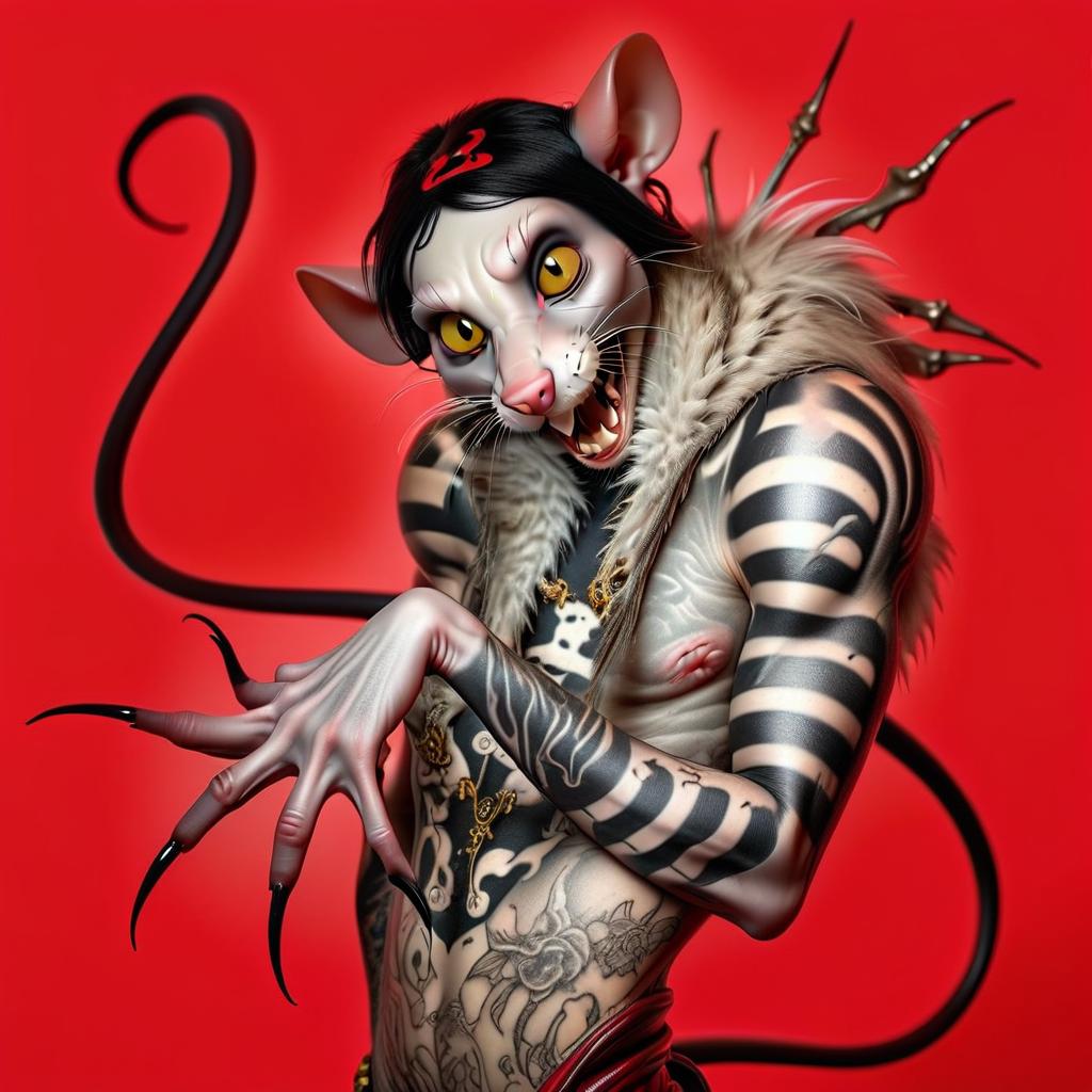  professional 3d model the rat is bald in a tattoo . a very scary rat with long sharp nails. the rat is in a terrible position. long yellow rat teeth . red background. big black eyes . octane render, highly detailed, volumetric, dramatic lighting, sticker