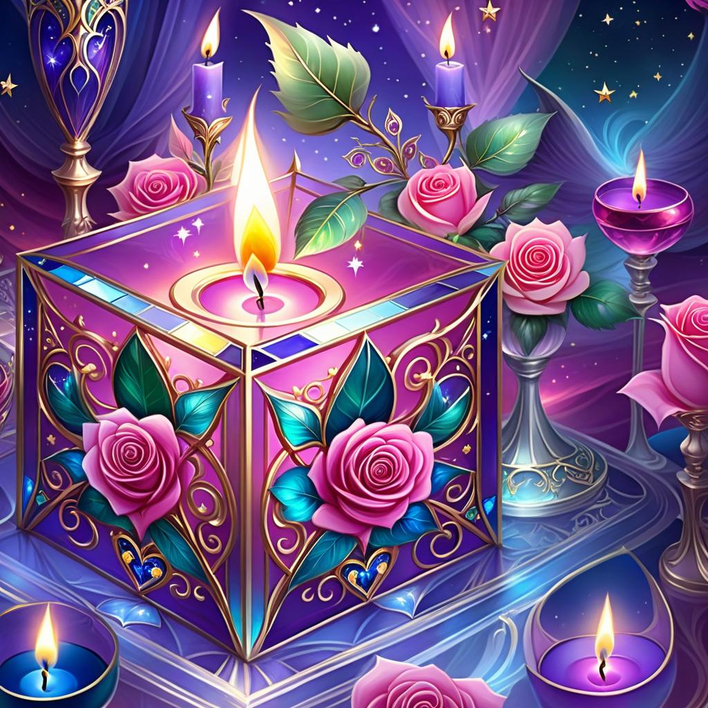  ethereal fantasy concept art of (background):colour:violet blue. (background decoration):silver frames in the shape of hearts and gold fancy stars. (centre):glass square pink candlestick and lighter decorated with fancy roses. (rose colour):pink, dark pink, with cream border. (leaf colour):dark green, green blue, light green. (style):fantasy, fantasy art design, jewellery, interior. . magnificent, celestial, ethereal, painterly, epic, majestic, magical, fantasy art, cover art, dreamy