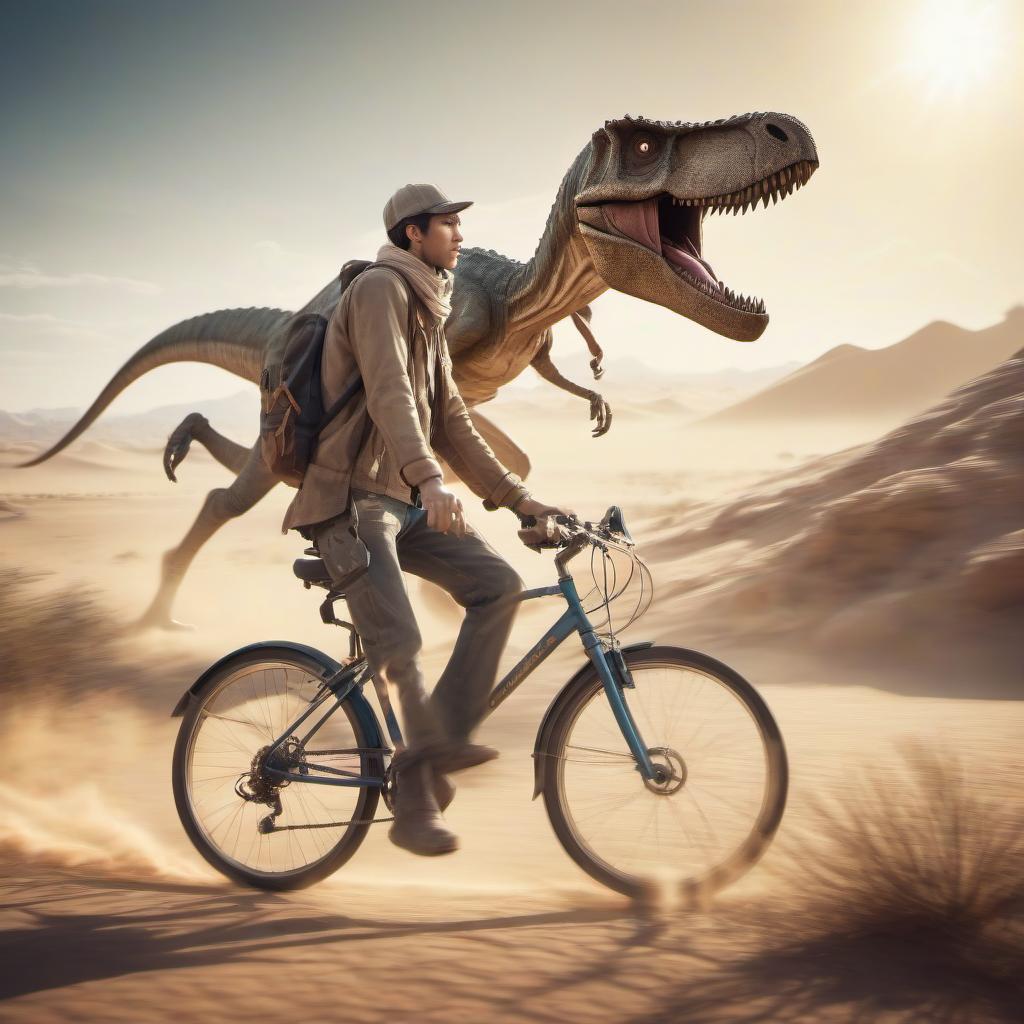  long exposure photo of the main character of the computer game, a courier in the desert, full height, brave, emaciated, on a bicycle, fighting with dinosaurs, orientation landscape . blurred motion, streaks of light, surreal, dreamy, ghosting effect, highly detailed