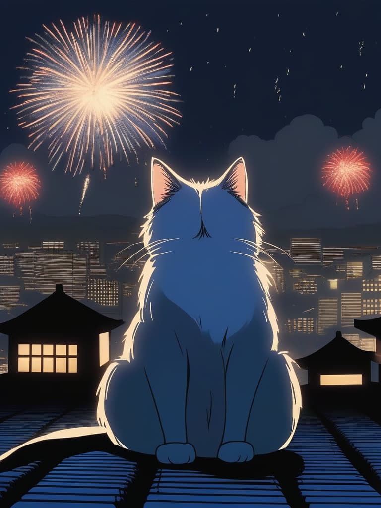  1cat,small cat ,japanese cat ,sit and look up，japanese house roof ,sit on a tiled roof,fireworks,midnight,