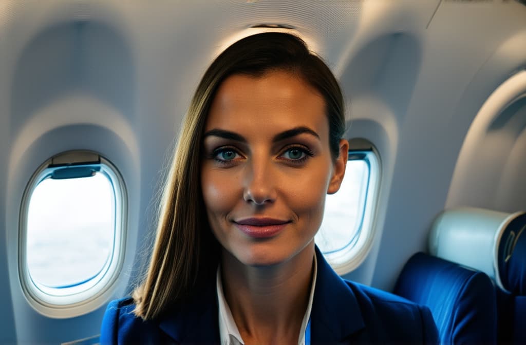  professional detailed photography, young stewardess in the cabin of the plane. close up, good detail of the skin of the face, eyes in focus ar 3:2, (muted colors, dim colors, soothing tones), (vsco:0.3)