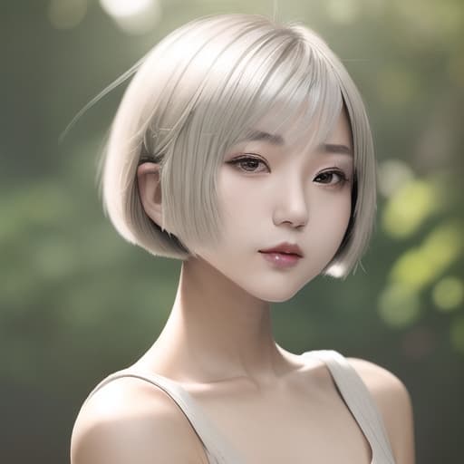  cute japanese girl face, cute short hair, light blonde and silver bob cut hairstyle, black sleeveless top, delicate makeup, cool style, natural lighting, photo realistic in the style of realistic.