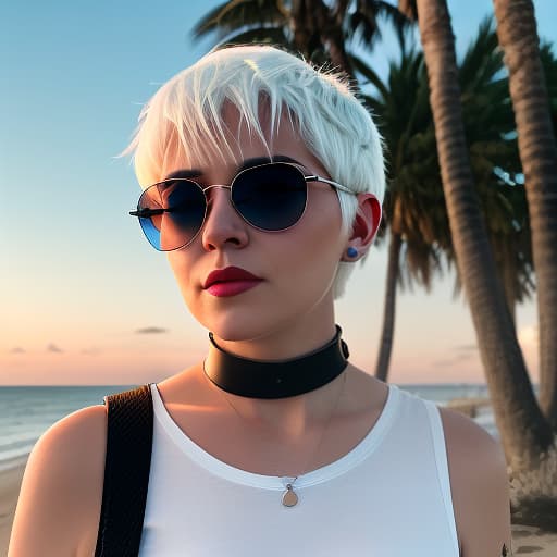  a woman with white hair, a short haircut "pixie." in sunglasses, a t shirt top, with a choker around her neck, stands against a neon sunset. in full growth. coast of the sea, shade of palm trees. digital photo. high detail. high realism.