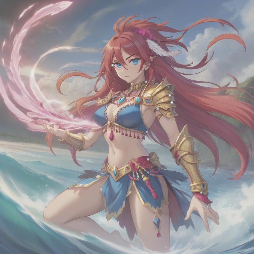  long exposure photo of portrait of strong rage amazonas lancer. blue eye. long red hair. tilting head down, magenta mantle, shoulder pad feather, accessory necklace with pearls on the forehead, by the sea . blurred motion, streaks of light, surreal, dreamy, ghosting effect, highly detailed, sticker, hkmagic