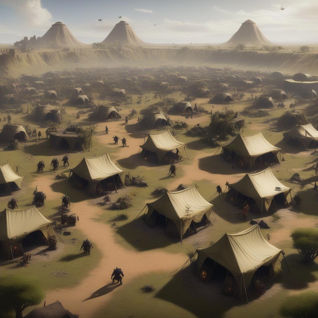  view of a ramshackle town of tents set up in a savanna by a group of orcs, bugbears and goblins that roam dnd lands a bandits. this settlement is a long term staging point for raids and acts as both a good defense for this horde and a city to trade with