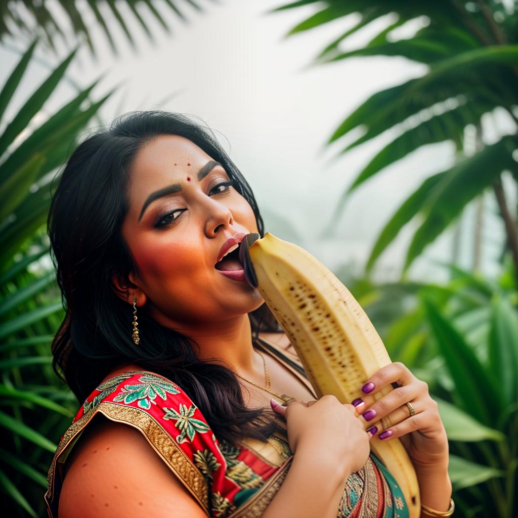  A Huge chubby Woman licking Big Banana in, Saree and pallu, Clean face, Banana Trees, No saturation, low vibrant, portrait hyperrealistic, full body, detailed clothing, highly detailed, cinematic lighting, stunningly beautiful, intricate, sharp focus, f/1. 8, 85mm, (centered image composition), (professionally color graded), ((bright soft diffused light)), volumetric fog, trending on instagram, trending on tumblr, HDR 4K, 8K