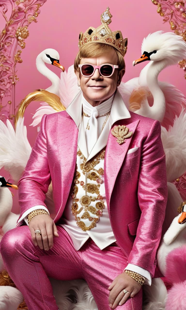  concept art color pink, white, black, gold elton john in a jester outfit, he wears many swarovski crystals, next to the crystal swans . digital artwork, illustrative, painterly, matte painting, highly detailed, perfect hands