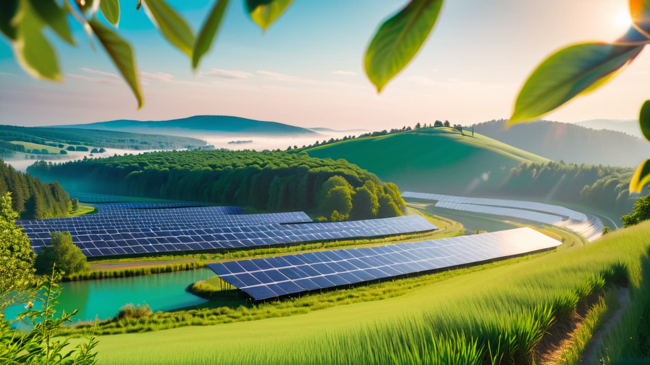  a vibrant landscape featuring solar panels glistening in the sun, wind turbines spinning on rolling hills, and a flowing river with a small hydroelectric dam, all surrounded by lush green trees and a bright blue sky. hyperrealistic, full body, detailed clothing, highly detailed, cinematic lighting, stunningly beautiful, intricate, sharp focus, f/1. 8, 85mm, (centered image composition), (professionally color graded), ((bright soft diffused light)), volumetric fog, trending on instagram, trending on tumblr, HDR 4K, 8K