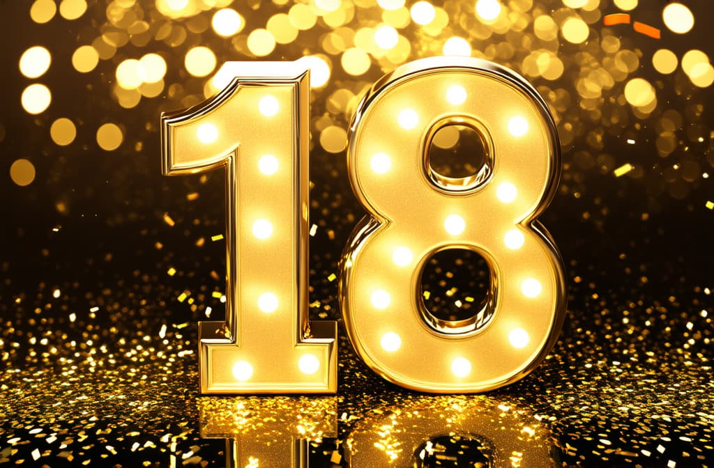  number 18 with golden bokeh lights and confetti, festive birthday celebration ar 3:2 {prompt}, maximum details