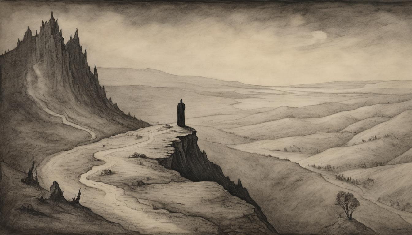  on parchment, surrealism++, lone figure on a cliff edge, overlooking a vast, dark valley with small fires scattered, vast horizon, serene, resolute(mysterious, provocative, symbolic)++