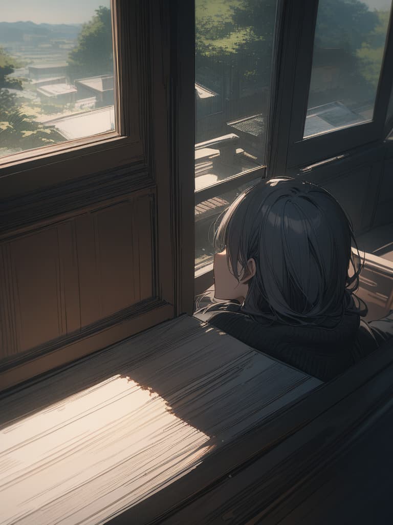  the back of the window is looking out of the window, the sky outside the window is a little cloudy, the man looks far away and looks at someone, masterpiece, best quality,8k,ultra detailed,high resolution,an extremely delicate and beautiful,hyper detail