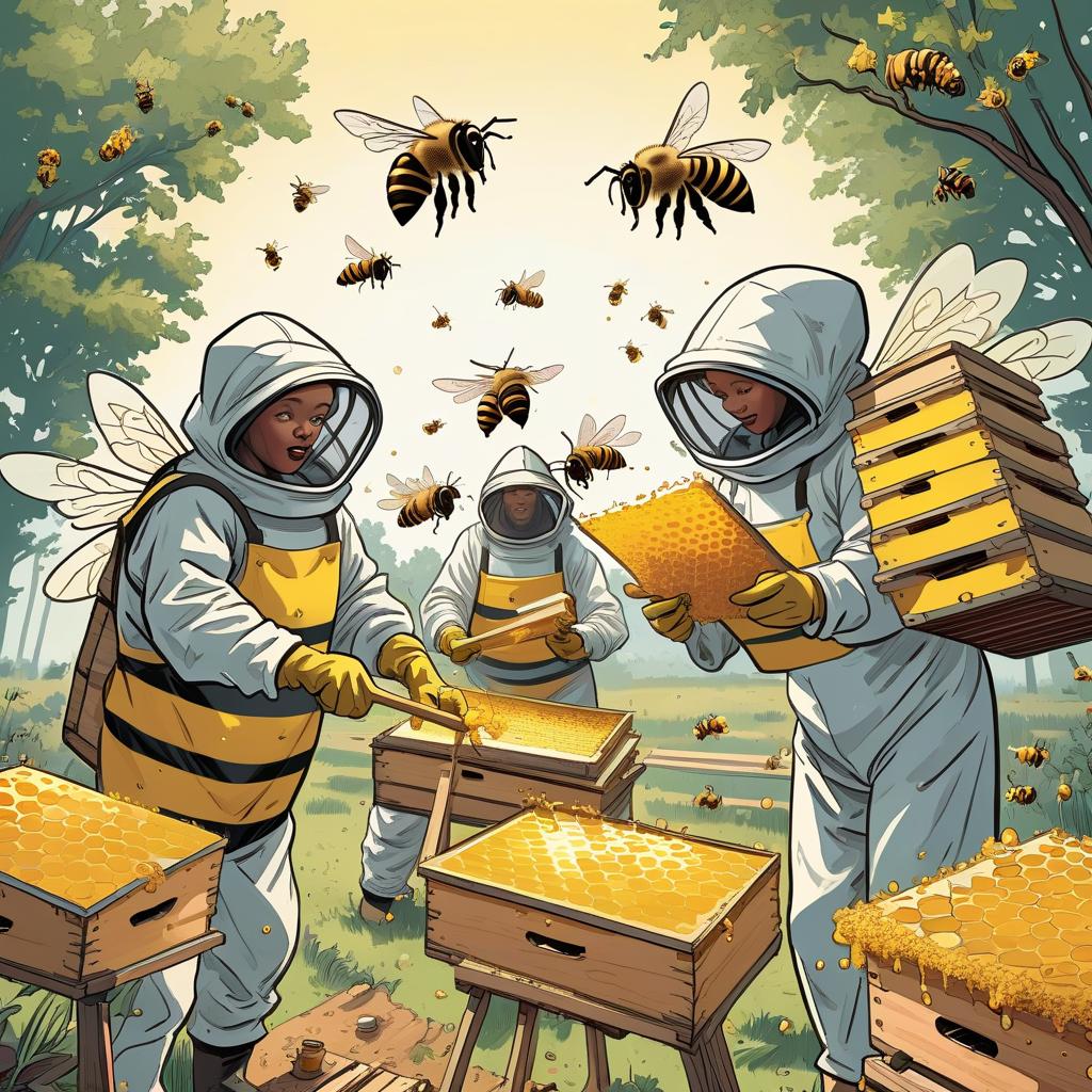  colored comic book image. several beekeepers in the apiary, collecting honey. there are huge bees flying around.