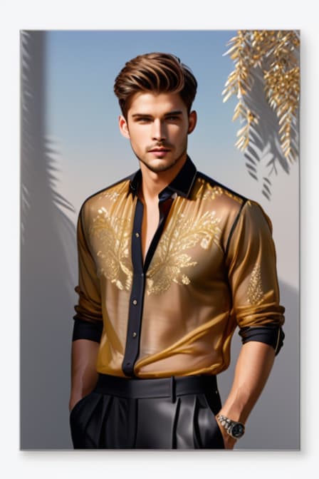  fashion illustration, man full figure wearing transparent shirt and soft linen pants, with pockets and embroidery in gold, award winning, professional, highly detailed, masterpiece