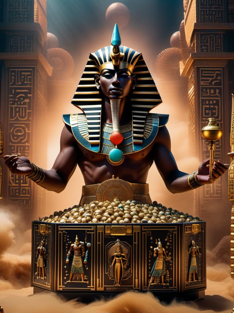  pharaoh picks up a medicine box and viruses fall out of it. , ((anime)) hyperrealistic, full body, detailed clothing, highly detailed, cinematic lighting, stunningly beautiful, intricate, sharp focus, f/1. 8, 85mm, (centered image composition), (professionally color graded), ((bright soft diffused light)), volumetric fog, trending on instagram, trending on tumblr, HDR 4K, 8K