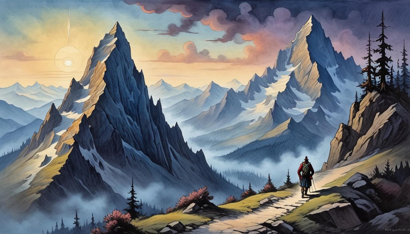  on parchment, surrealism+++, majestic mountain peak, lone climber ascending a steep pathway, distant figures watching from below, twilight sky, sense of achievement, unattainable heights, isolation(mysterious, provocative, symbolic,muted color)+++