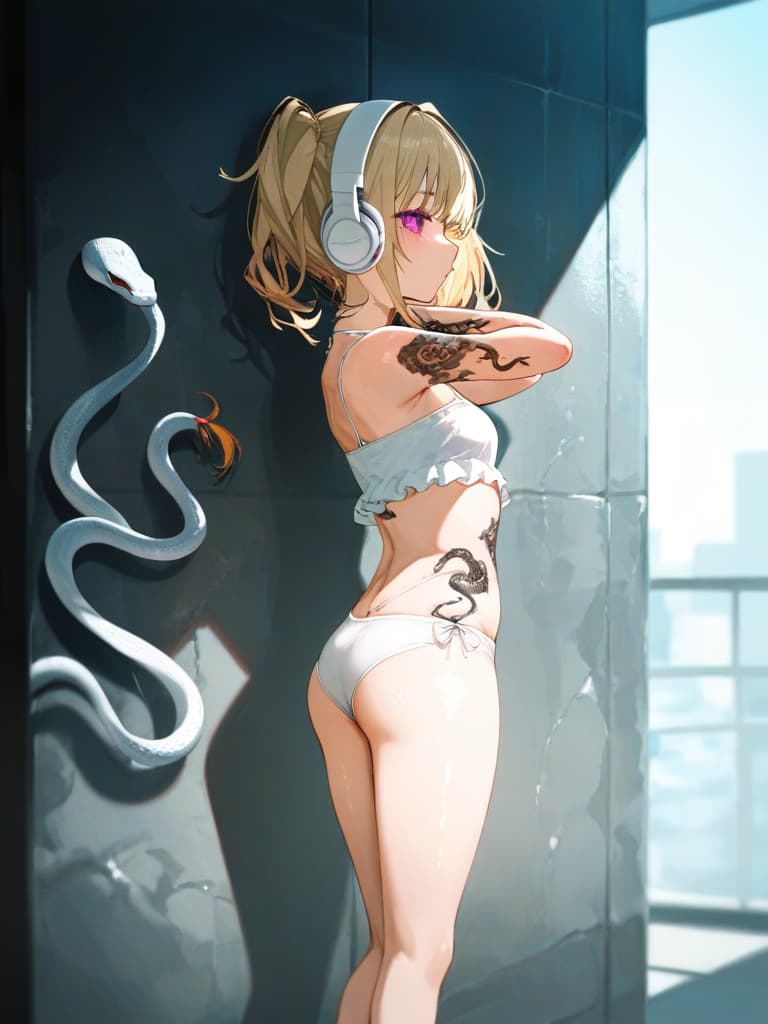  white swimwear, white headphones, blonde twin tails, pools, poses on the wall, pose to show your back, , legs, whole body, frill pareo, snake tattoo on , tattoos, snakes tattoo, masterpiece, best quality,8k,ultra detailed,high resolution,an extremely delicate and beautiful,hyper detail