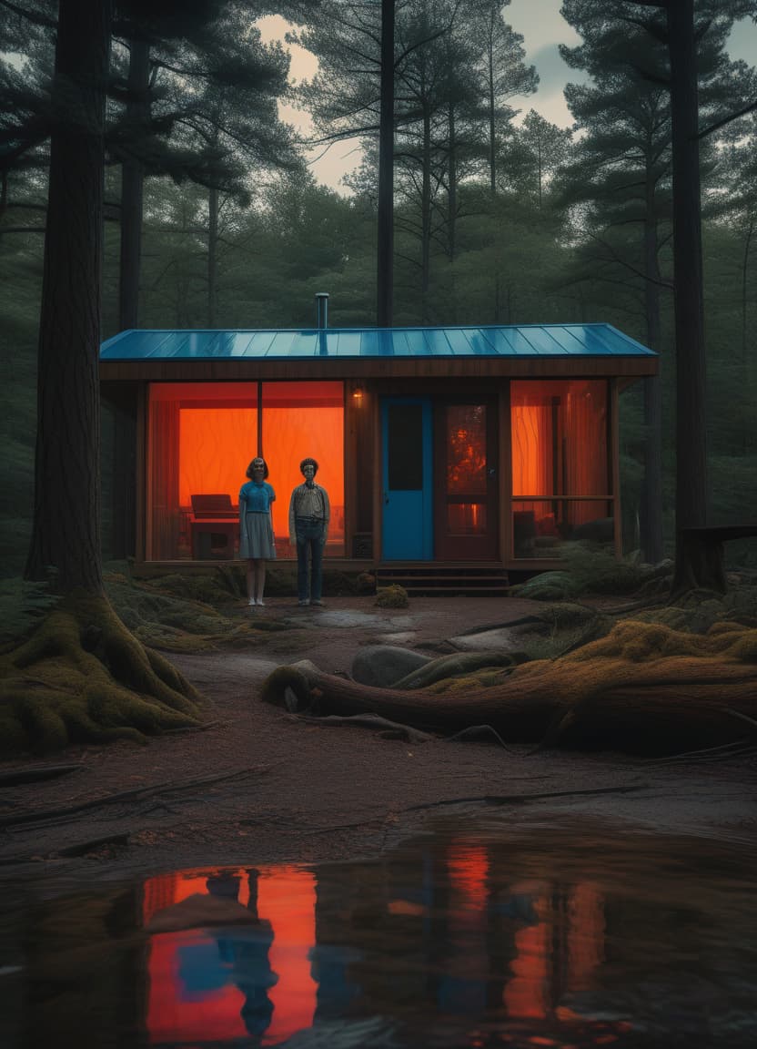  a man and woman stand in front of a glass and wood mid century modern cabin is in wooded clearing, behind the cabin is a blue running river, the clouds are an orange and red, the sun is eclipsed, in the clouds is a tentacled monster in the style of stranger things