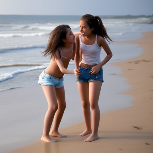  Adolescent girls wearing only shorts playing on beach