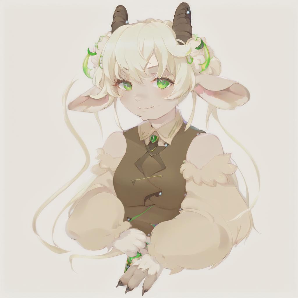  anime artwork anthropomorphic goat, blonde, long hair, curls, bangs, dressed in fairy core style, green eyes. a picture is an avatar for vitubing, neutral color background . anime style, key visual, vibrant, studio anime, highly detailed