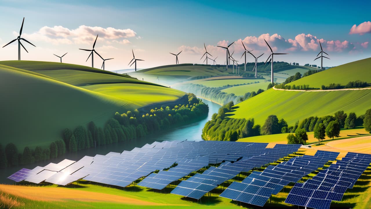  a vibrant landscape showcasing solar panels glistening under the sun, wind turbines gracefully spinning on a hill, and a flowing river with hydroelectric dams, all harmoniously intertwined, symbolizing diverse renewable energy sources. hyperrealistic, full body, detailed clothing, highly detailed, cinematic lighting, stunningly beautiful, intricate, sharp focus, f/1. 8, 85mm, (centered image composition), (professionally color graded), ((bright soft diffused light)), volumetric fog, trending on instagram, trending on tumblr, HDR 4K, 8K