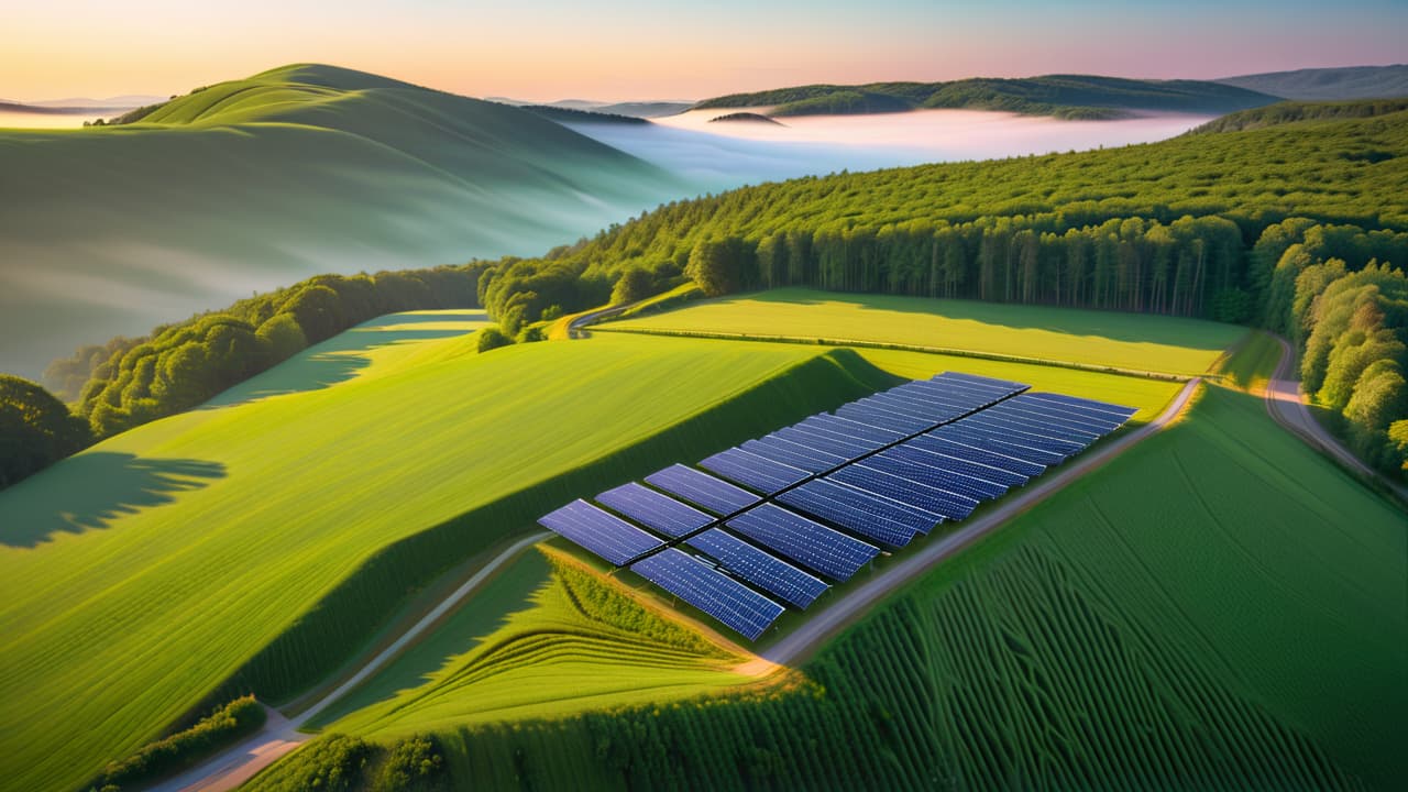  a vibrant landscape showcasing solar panels glistening under sunlight, wind turbines gracefully turning on rolling hills, and a serene hydroelectric dam surrounded by lush greenery, symbolizing diverse renewable energy resources in harmony with nature. hyperrealistic, full body, detailed clothing, highly detailed, cinematic lighting, stunningly beautiful, intricate, sharp focus, f/1. 8, 85mm, (centered image composition), (professionally color graded), ((bright soft diffused light)), volumetric fog, trending on instagram, trending on tumblr, HDR 4K, 8K