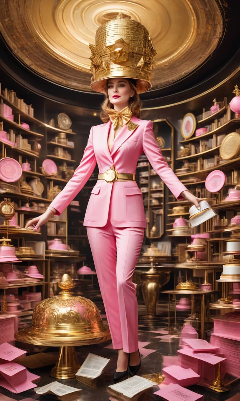  concept art color pink, white, black, gold posh room full woman in a gold suit made of rations, on the head hat on top of the hat star . digital artwork, illustrative, painterly, matte painting, highly detailed, perfect hands