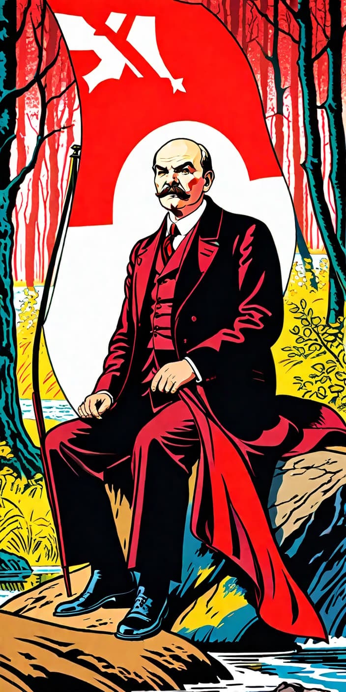  pop art style vladimir ilyich lenin sits on the bank of a river in a forest waiting for a revolution. he is holding a red banner. '50s comic book style. cold war poster style. . bright colors, bold outlines, popular culture themes, ironic or kitsch