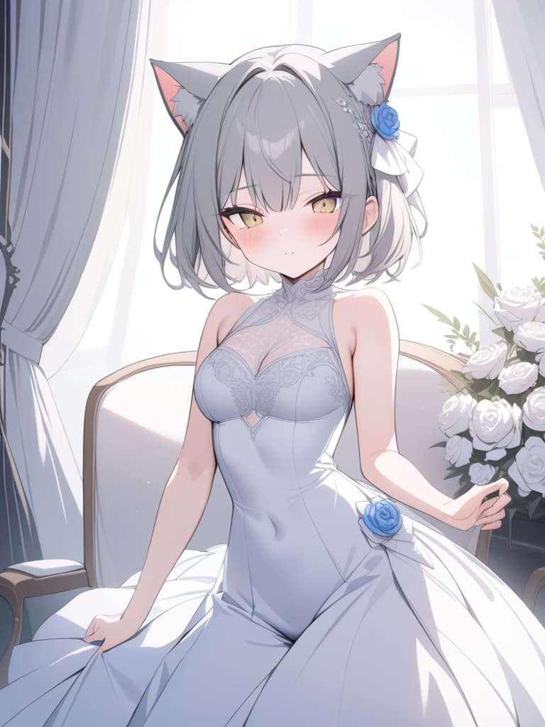  gray hair, short hair, cat ears, girls, wedding dresses, crowns on the head, masterpiece, best quality,8k,ultra detailed,high resolution,an extremely delicate and beautiful,hyper detail