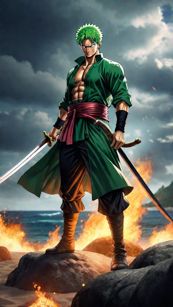  anime art: zoro from one piece facing the ominous power of the cursed sandai kitetsu sword. hyperrealistic, full body, detailed clothing, highly detailed, cinematic lighting, stunningly beautiful, intricate, sharp focus, f/1. 8, 85mm, (centered image composition), (professionally color graded), ((bright soft diffused light)), volumetric fog, trending on instagram, trending on tumblr, HDR 4K, 8K