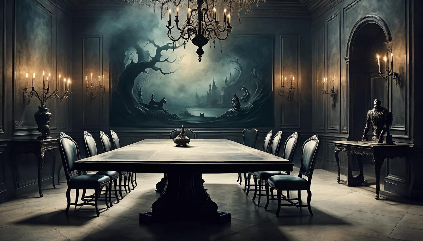  on parchment, surrealism+++, dark, polished table with few chairs, light illuminating the seats, exclusivity and anticipation, readiness(mysterious, provocative, symbolic,muted color)+++