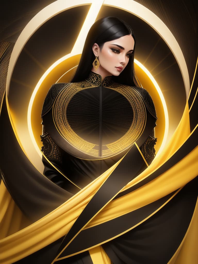  Golden yellow and sleek black color palette, captivating and inviting expression, exuding elegance and charm, magnetic beauty, intricate details, high contrast, luxurious feel, digital art, female, glossy finish, striking composition, dynamic lighting to enhance features.