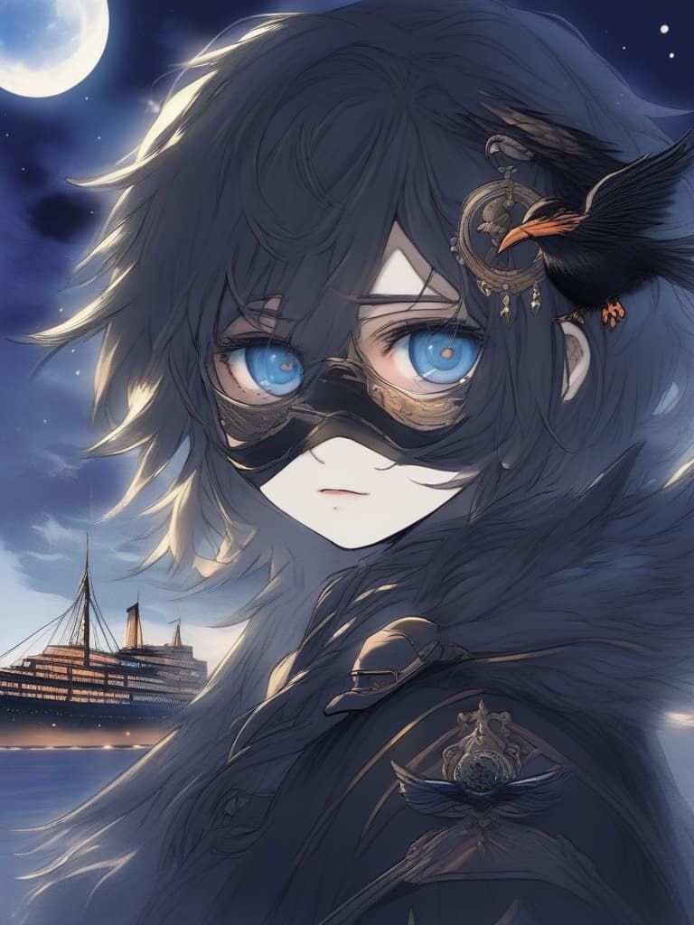  ((eye patch on right eye,ship's eyes)):1.4,black feather demon 👿 on back,moonlit night,flying in sky,