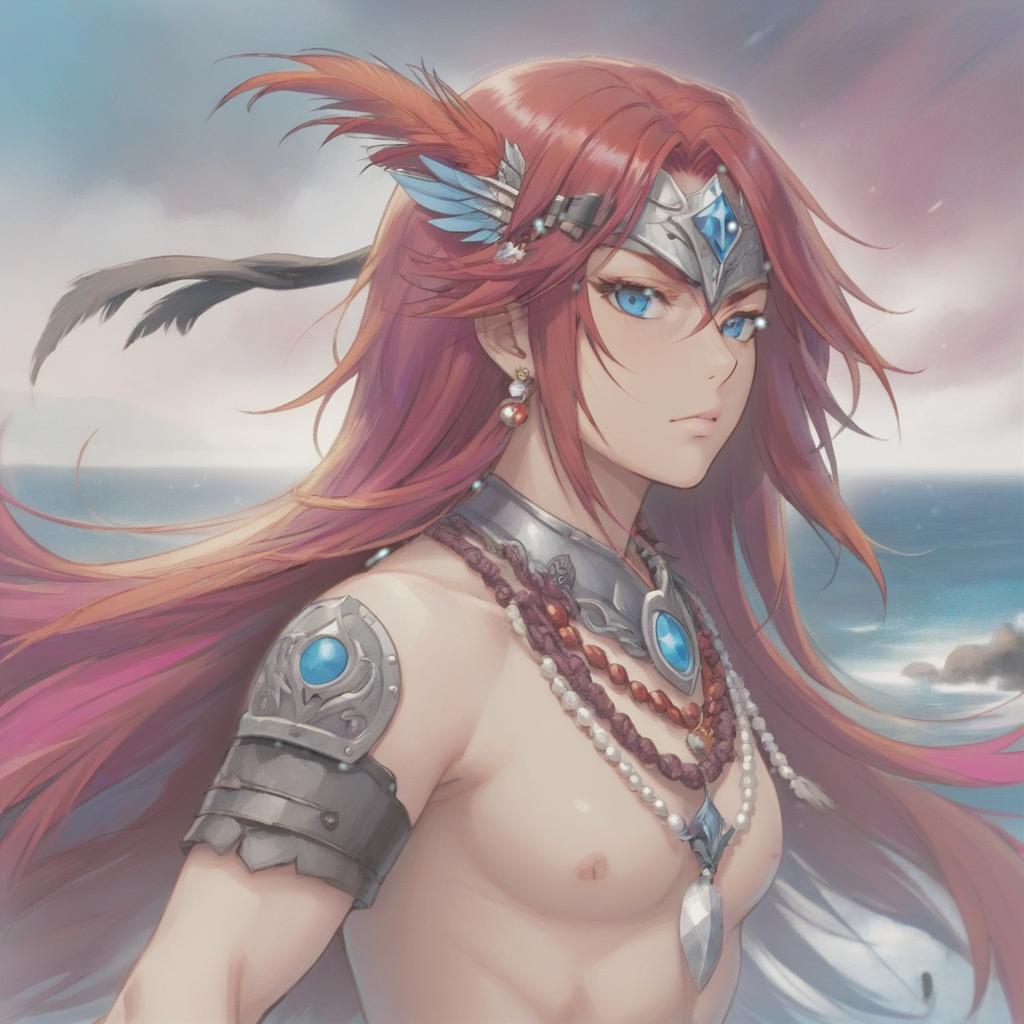  long exposure photo of portrait of strong rage valcyria warrior. blue eye. long red hair. tilting head down, magenta mantle, shoulder pad feather, accessory necklace with pearls on the forehead, by the sea . blurred motion, streaks of light, surreal, dreamy, ghosting effect, highly detailed, sticker, hkmagic, perfecteyes