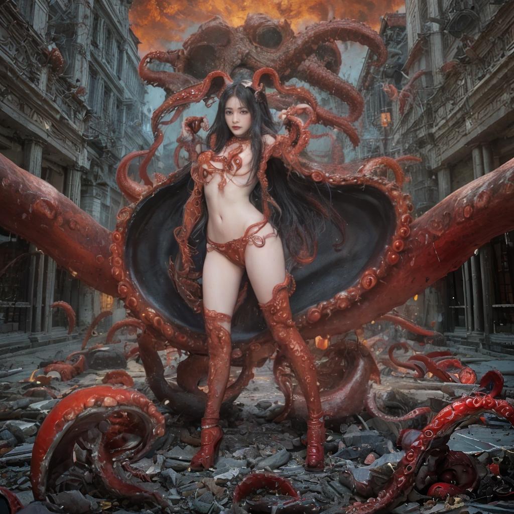  masterpiece, best quality, ultra high detail, sharpen image, ultra realistic photo, night,horns, black hair, 1, long hair, tattoo, rating:safe, jewelry, city, fire, s, building, red eyes, demon , architecture, , chain, east asian architecture, tail, solo, city scape, 1 , solo, korean idol face, , beauty face, red horns & red tentacle all over her body:1.5)), ((much scary tentacle monster:1.6)), dark city, (dirty:1.5), perfect anatomy, ((acting pose:1.5)), perfect body, Creature, horror, full body focus, horror background, (fire swirling around the ),wide shot, very wide shot,
