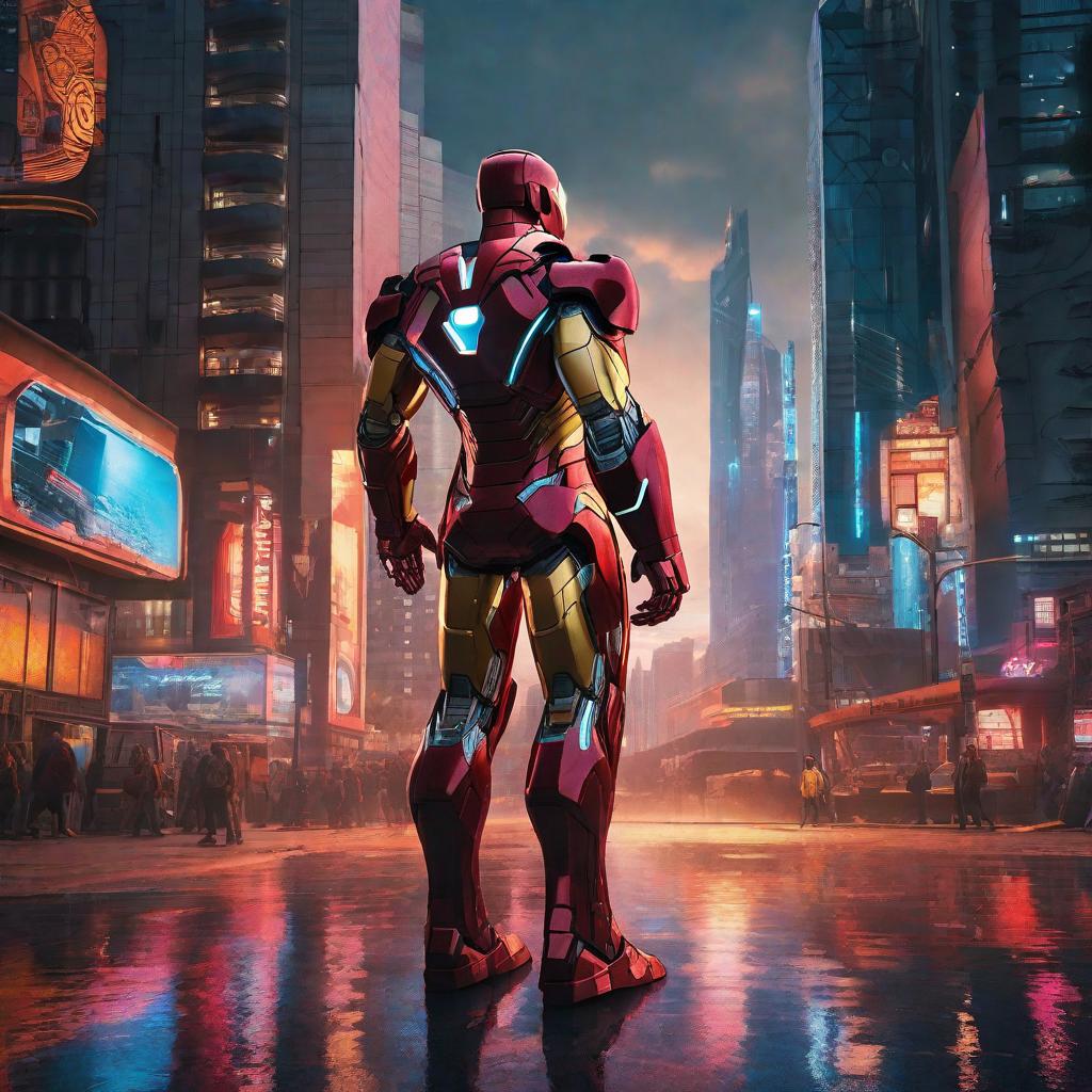  masterpiece, best quality, Best quality, masterpiece, 8k resolution, realistic, highly detailed, close up of Iron Man. In a cyberpunk-style night scene of the city, he stands on a street lined with tall buildings. The city's night lights are bright, The surrounding buildings and streets are filled with cyberpunk elements such as neon lights, high-tech devices, and futuristic architectural designs.