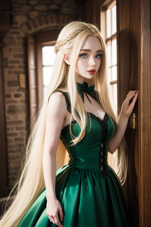  Sabrina Carpenter long hair (pale skin) ((blonde hair)) ((green eyes)) vintage gown in a dungeon