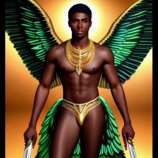  Create a image of three Airbrushed Hyperrealistic Glossy Beautiful African American handsome Darkskin Male Angels full with Green eyes and multi colored Beautiful Wings Holding Beautiful Gold Swords