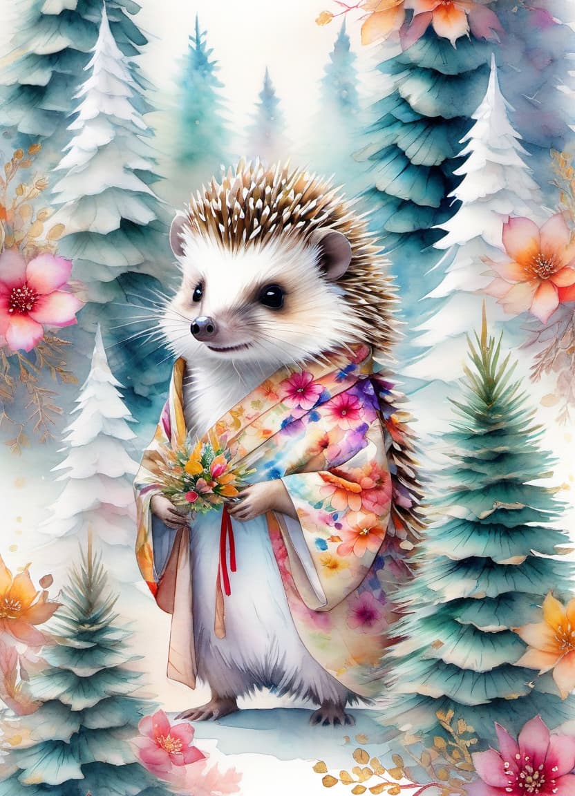  fairy tale christmas trees with cones, hedgehog in a kimono, (double exposure: 1.4). (soft textured paper). alcohol ink of (bright) flowers. the incompleteness effect. tenderness of watercolors, winter, delicate colors. thin white lines. emotion. light relief pattern. . magical, fantastical, enchanting, storybook style, highly detailed