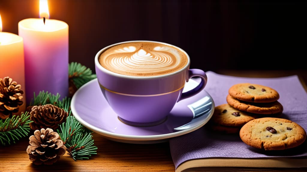  cup of coffee and cookies on a plate, purple pastel colors, baroque, christmas night, pine branches with cones, glowing candles, whipped cream, sweetest, mikko lagerstedt, professional magazine photography ar 16:9 {prompt}, maximum details